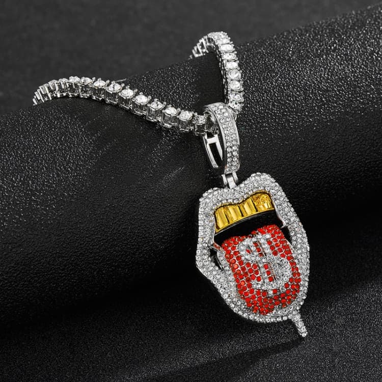 Collana a fila singola con ciondolo a forma di teschio, labbra e lingua (argento + rosso) - Immagine 1