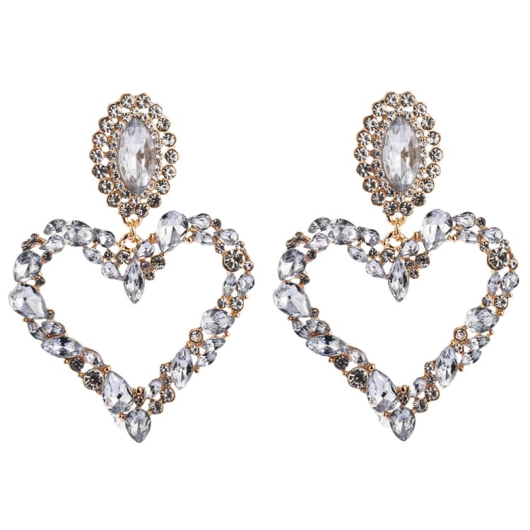 1 Paio di Orecchini Retrò a Forma di Cuore in Lega con Cristallo Colorato Luminoso Orecchini Full Cristallo (Bianco) - Immagine 1