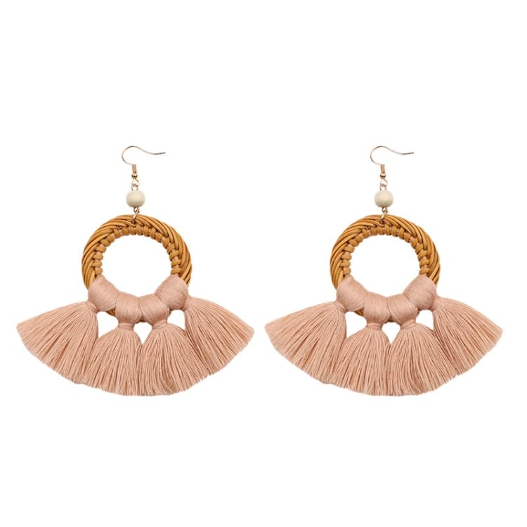 1 Paio Orecchini Etnici in Cotone con Nappe, Orecchini Esagerati, Orecchini Lunghi (Rosa) - Immagine 1