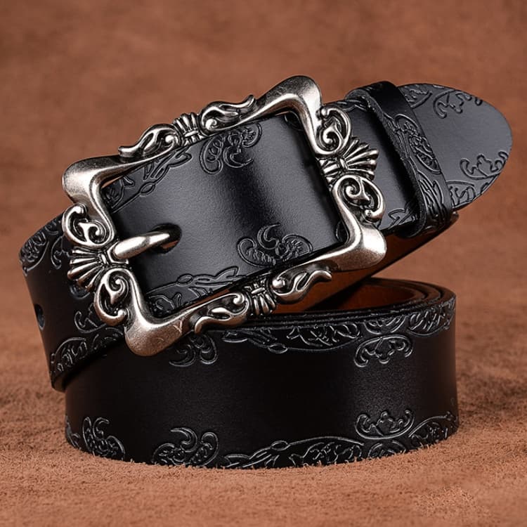 Cintura in pelle intagliata da donna con fibbia a spillo semplice, 105 cm (Nero) - Immagine 1