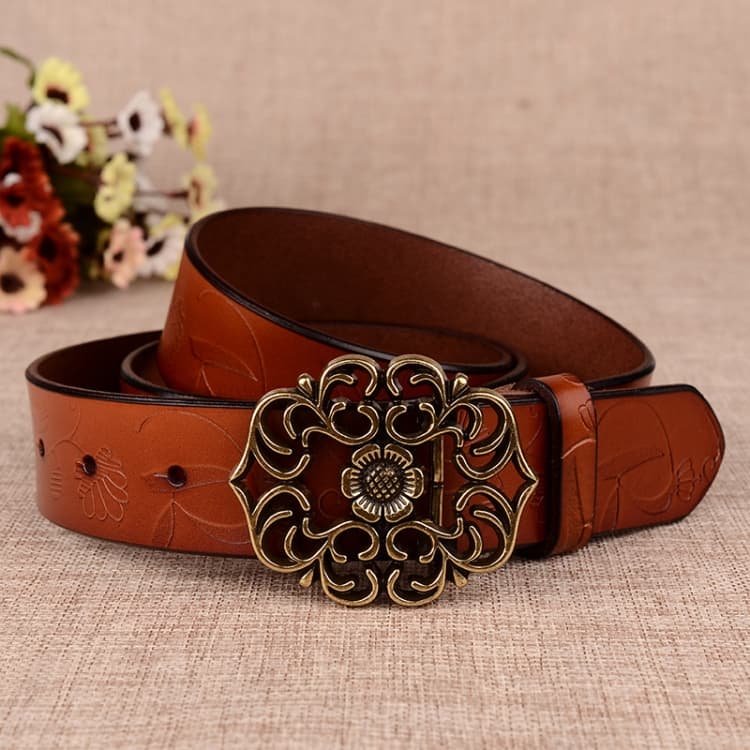 Cintura in pelle da donna con motivo girasole, fibbia ad ago, vita retrรฒ, marrone, 115 cm - Immagine 1