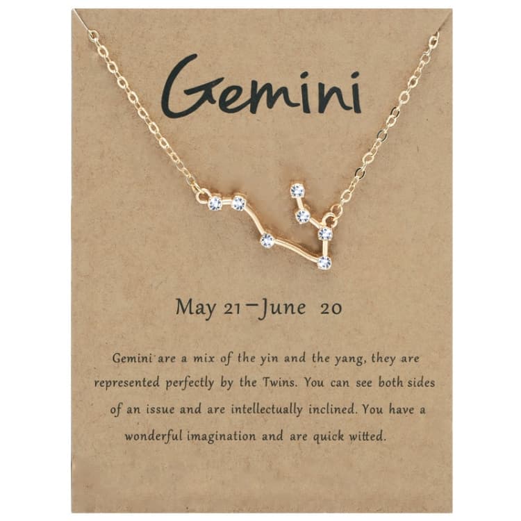 Collana con ciondolo a catena clavicola con carte di 12 segni zodiacali e diamanti, stile: Gemelli Oro - Immagine 1