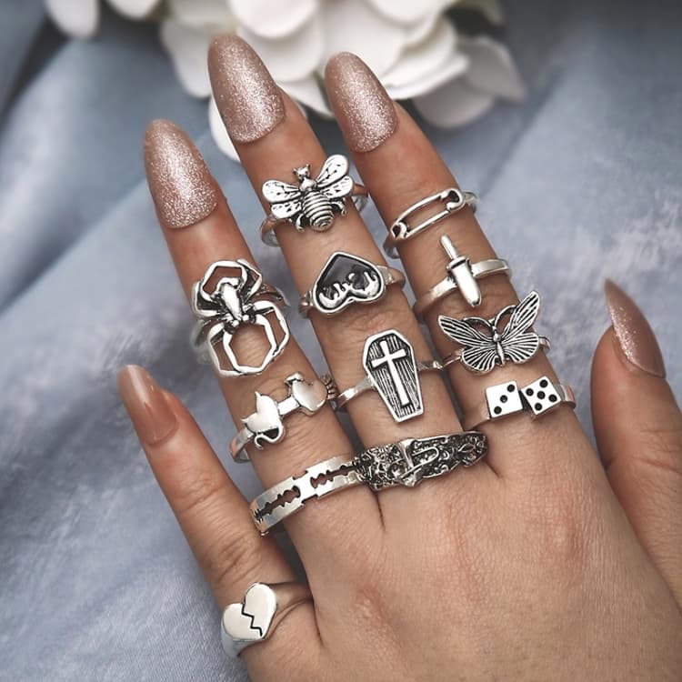 12pcs/set Heart Cross Butterfly Mushroom Spider Open Ring(SKU6015) - Immagine 1
