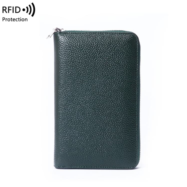 1659 Leather Belly Passport Bag RFID Long Wallet Men And Women Documents Package Multi-Function Zipper Mobile Phone Package(Army Green) - Immagine 1
