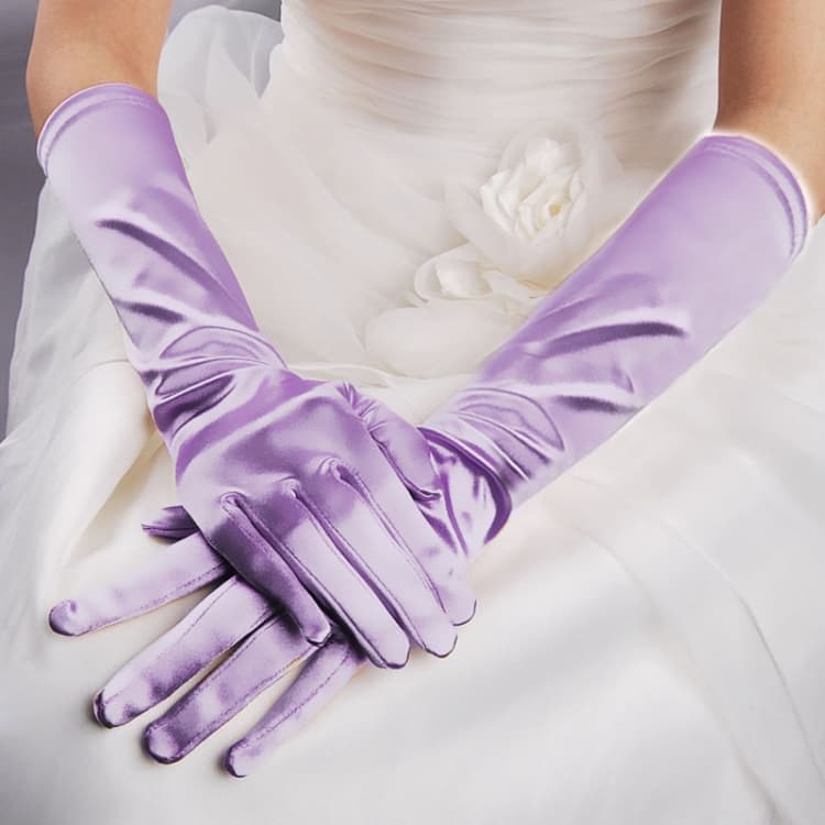 1pair Bride Gloves Satin Long Vintage Travel Sunscreen Dress Wedding Gloves(Light Purple) - Immagine 1