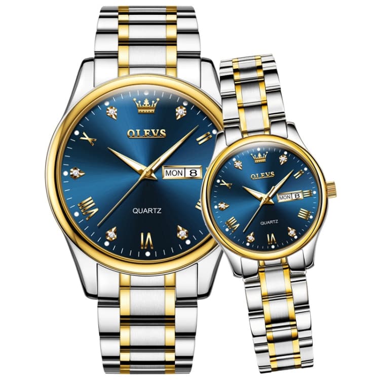 1 paio OLEVS 5563 Coppia Luminosa Orologio al quarzo impermeabile (Blu + Oro) - Immagine 1