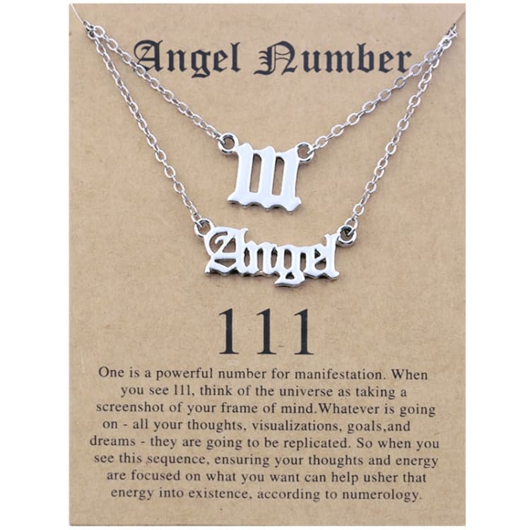 Set di collane a strati 2 in 1 con numeri fortunati e angeli, gioielli per donna, catena collarbone, stile: Argento Angel+1 - Immagine 1