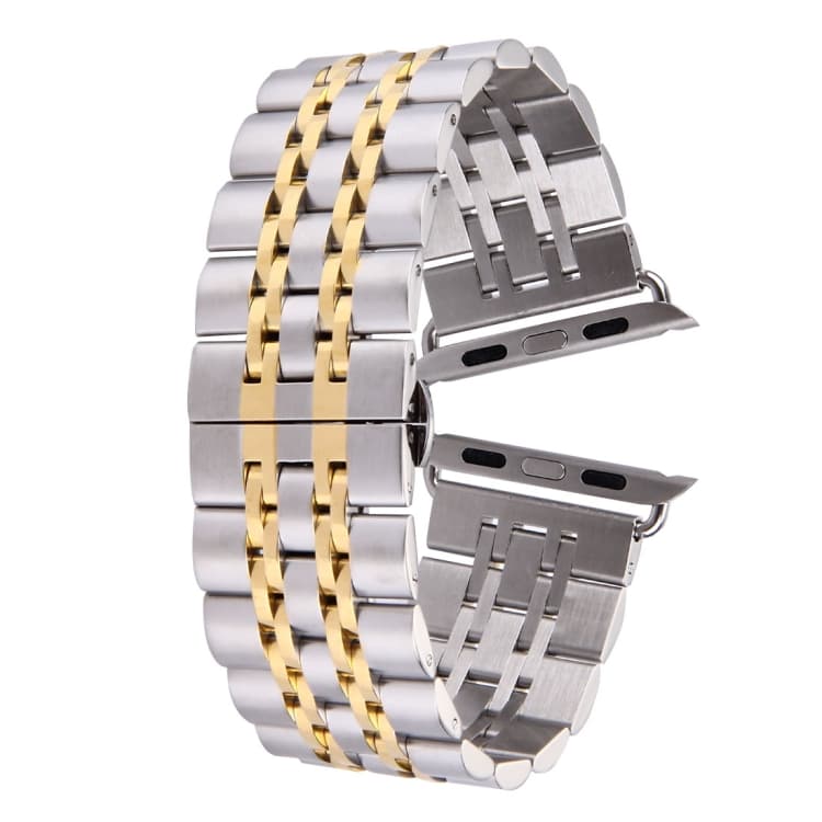 Cinturino per orologio in acciaio inossidabile con fibbia a farfalla nascosta da 22 mm, 7 perle, per Apple Watch 38 mm (argento oro) - Immagine 1