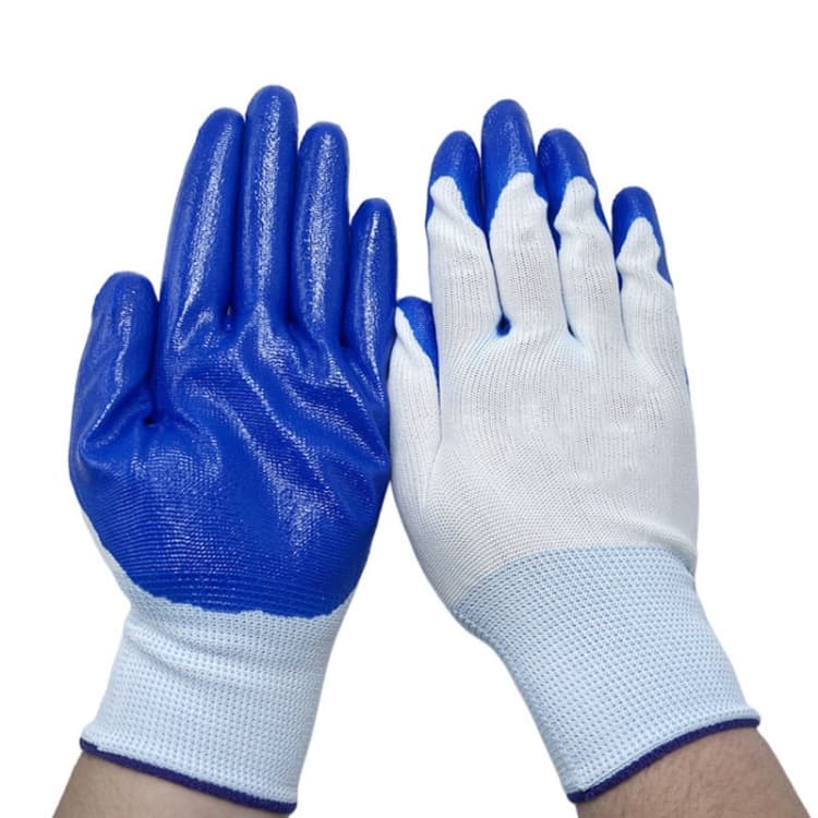 2 pezzi/Paio Guanti da lavoro antiscivolo e antiolio in nitrile semiguscio (Bianco e blu senza scritte)