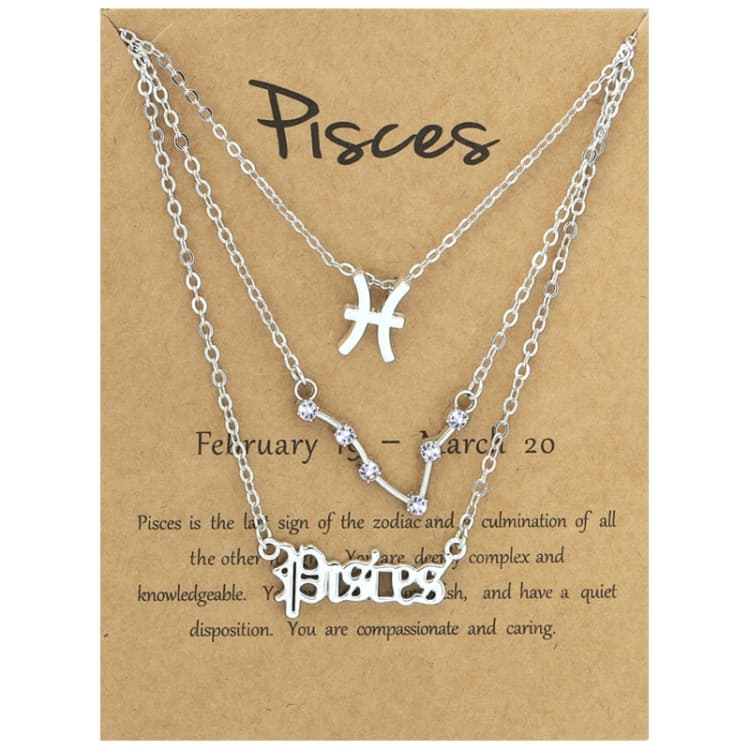 Set di gioielli 3 in 1 con simboli zodiacali e diamanti, stile: Pesci Argento - Immagine 1