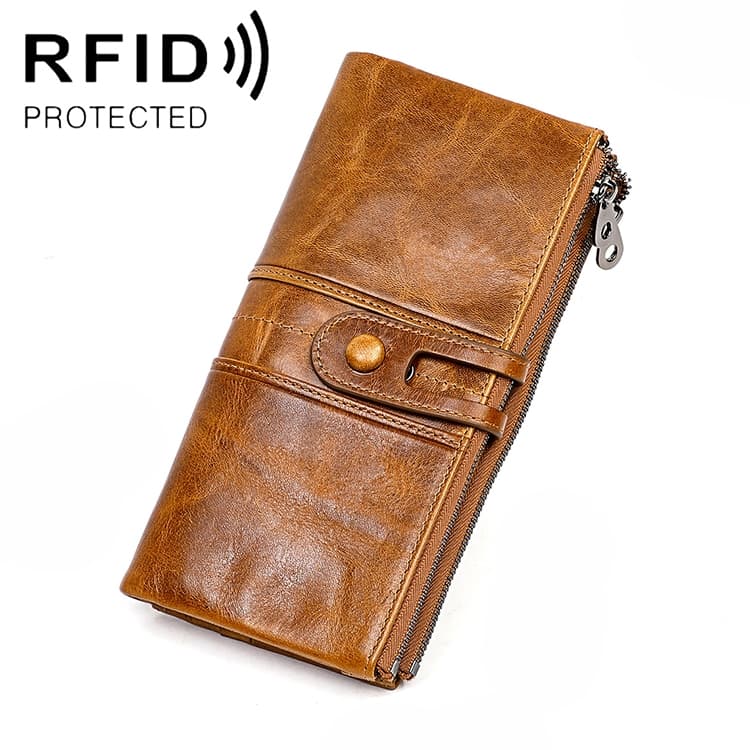 3520 Long Cowhide Leather Folding Anti-magnetic RFID Wallet for Ladies, with Card Slots(Yellowish-brown) - Immagine 1