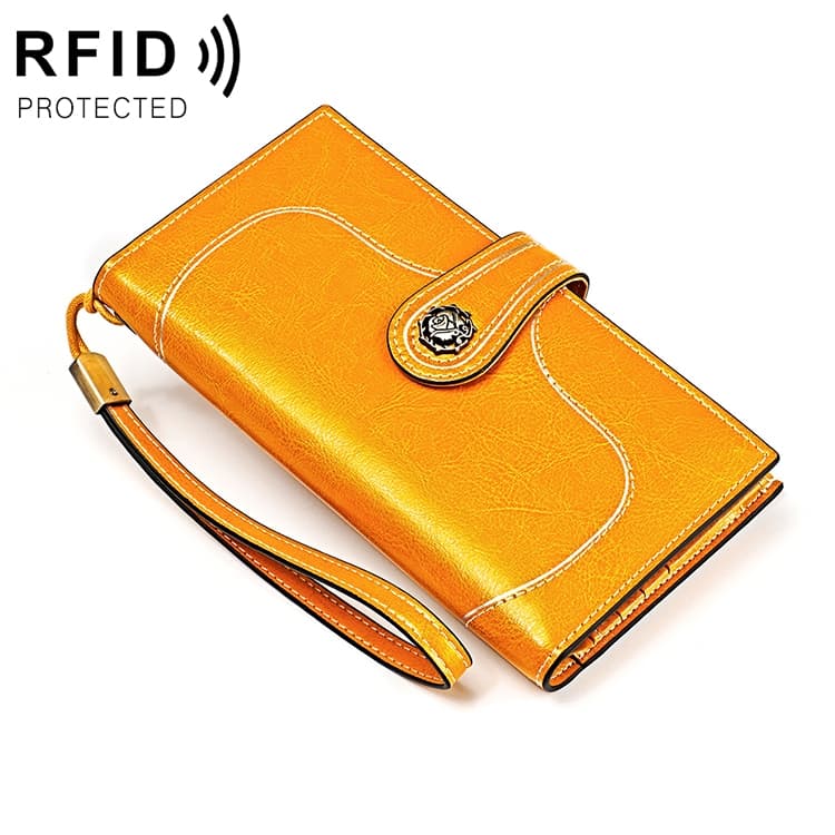 3527 Vintage Oil Wax Texture Large Capacity Long Multi-function Anti-magnetic RFID Wallet Clutch for Ladies (Yellow) - Immagine 1