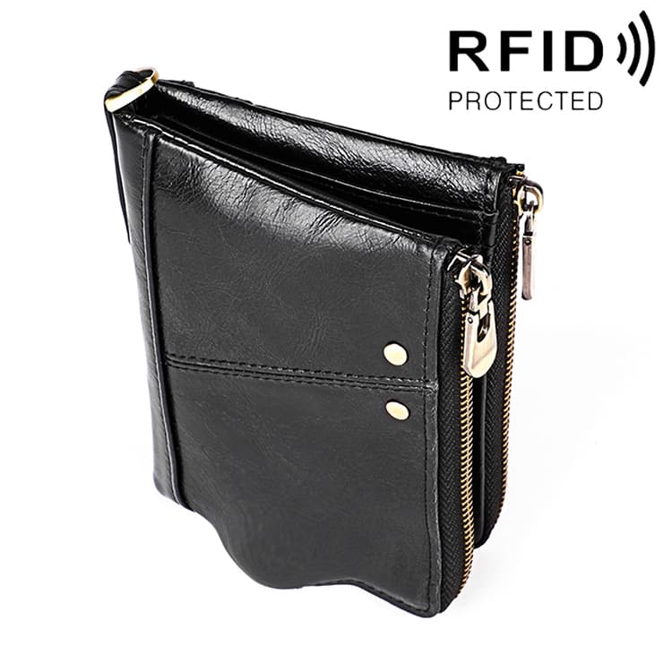 3533 Long Crazy Horse Texture Cowhide Leather Folding Anti-magnetic RFID Wallet Clutch Bag for Men, with Card Slots(Black) - Immagine 1