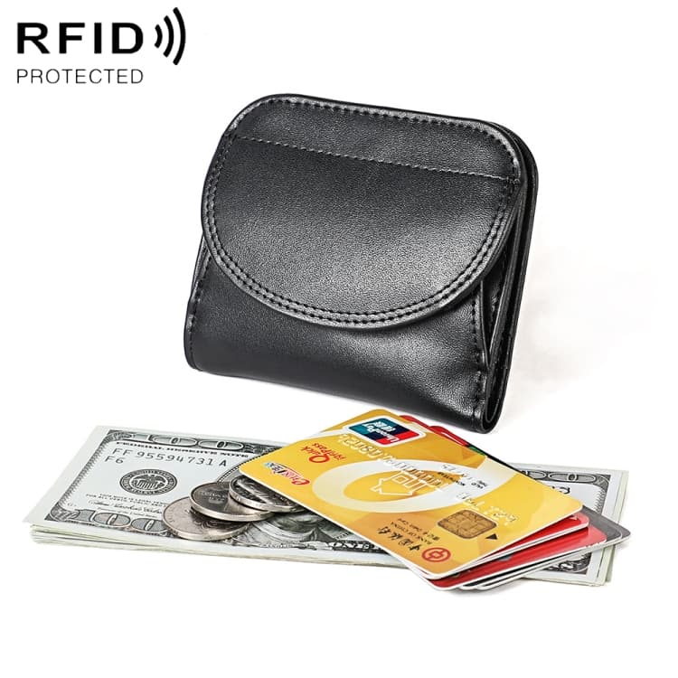 3537 Folding Short RFID Anti-Theft Genuine Leather Coin Purse for Ladies(Black) - Immagine 1