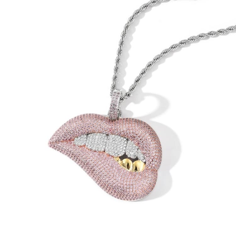Collana con ciondolo micro-incastonato in zircone, labbra sexy da mordere, 3mm x 60cm, stile hip hop - Immagine 1