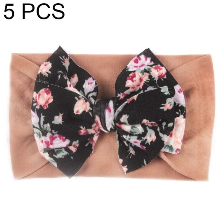 5 PCS X-20103 Baby Elastic Turban Bohemian Children Bow Nylon Hairbands(Light Coffee) - Immagine 1