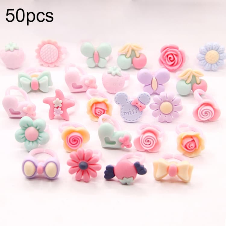 50 PZ Anelli per bambini con simpatici cartoni animati in resina, fiore, cuore, fiocco, superficie opaca - Immagine 1