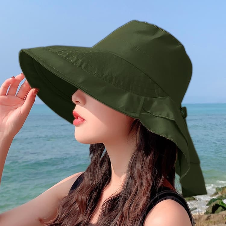 8062 Women Summer Neck Protection Sunscreen Hat Large Brim Fisherman Hat(Army Green) - Immagine 1