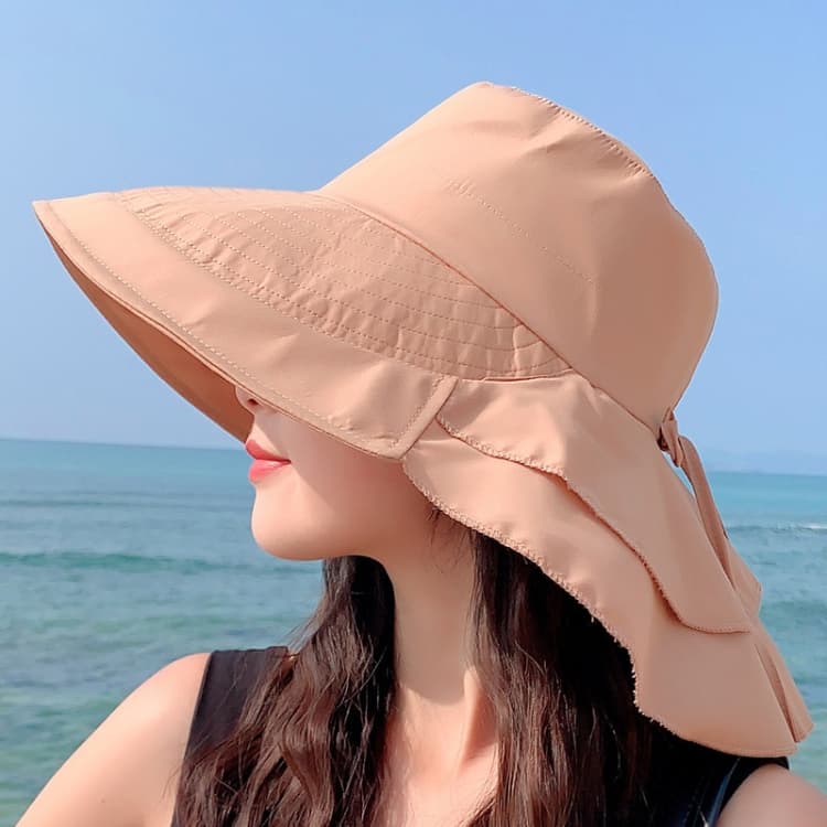 8062 Women Summer Neck Protection Sunscreen Hat Large Brim Fisherman Hat(Khaki) - Immagine 1