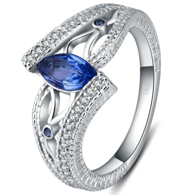 925 Sterling Silver Finger Rings Women Vintage Engagment Zircon Jewelry, Ring Size:7(Blue) - Immagine 1