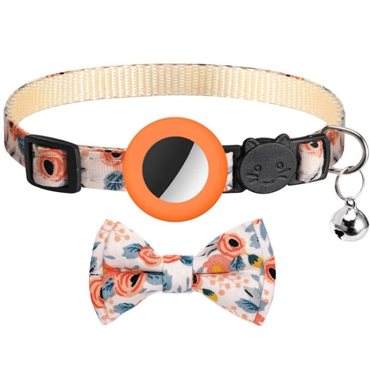 Collare antismarrimento per animali con fiocco stampato e campanello per AirTag 2a gen / AirTag 1a gen (Arancione) - Immagine 1