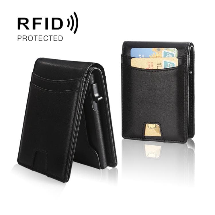 Auto Pop-Up Bifold Metal PU Card Holder RFID Blocking Wallet Slim Design For Credit Cards, ID(Black) - Immagine 1