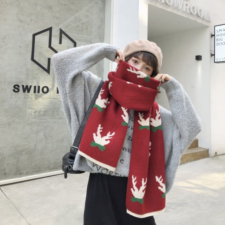 Autumn and Winter Christmas Pattern Knitted Warm All-Match Shawl Scarf(P12 Wine Red) - Immagine 1