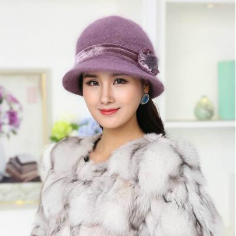 Autumn and Winter Elderly People Knitted Rabbit Fur Warm Hat Bucket Cap(Medium Purple) - Immagine 1