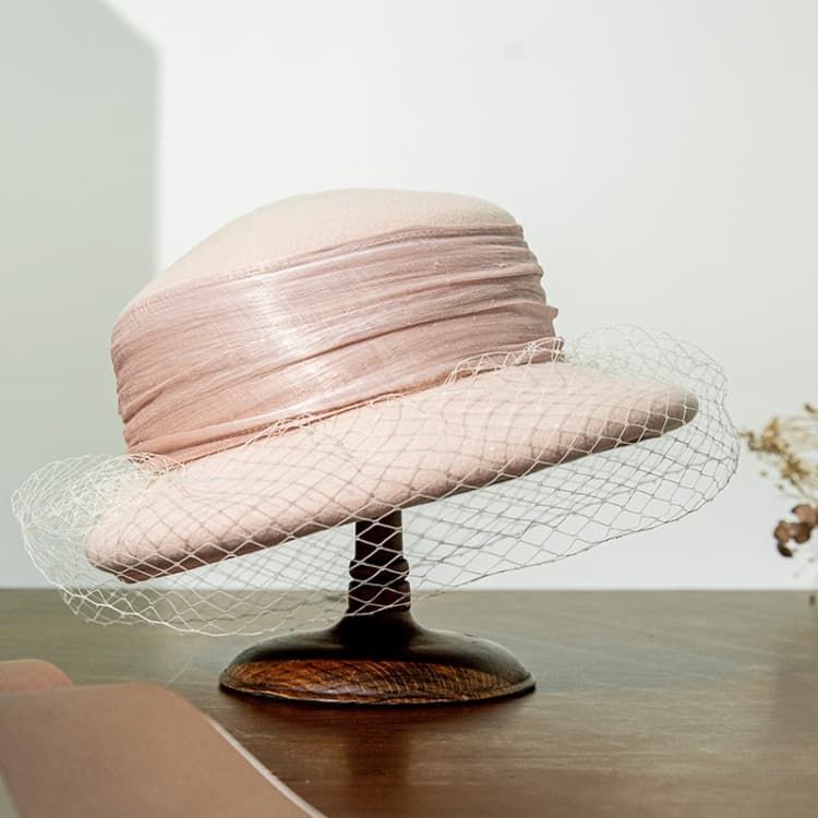 Autumn And Winter Wool Felt Beret Round Top Mesh Decorative Hat, Color: Pink - Immagine 1