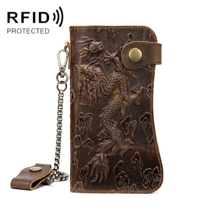 B161 RFID Retro Anti-Degaussing Iron Chain Leather Wallet(Yellow Brown Embossed Dragon) - Immagine 1