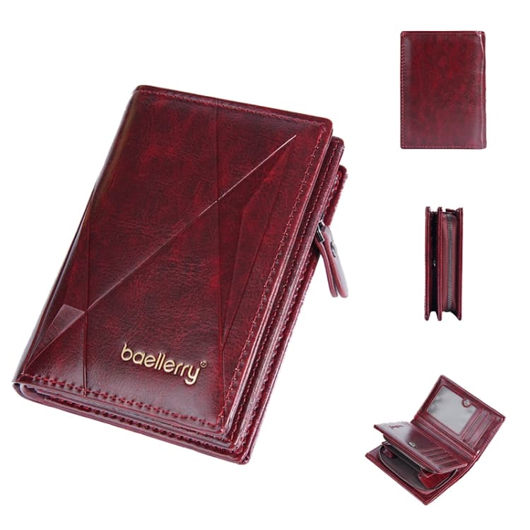 Baellerry D3213 Retro Leather Short Wallet Multi-card Slot Zipper Card Holder(Claret) - Immagine 1