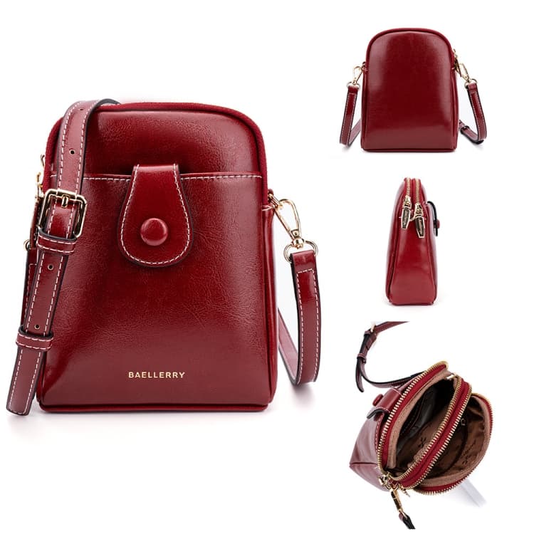 Baellerry N8925 Oil Wax Leather Double Zipper Mobile Phone Bag Shoulder Crossbody Coin Purse(Red) - Immagine 1