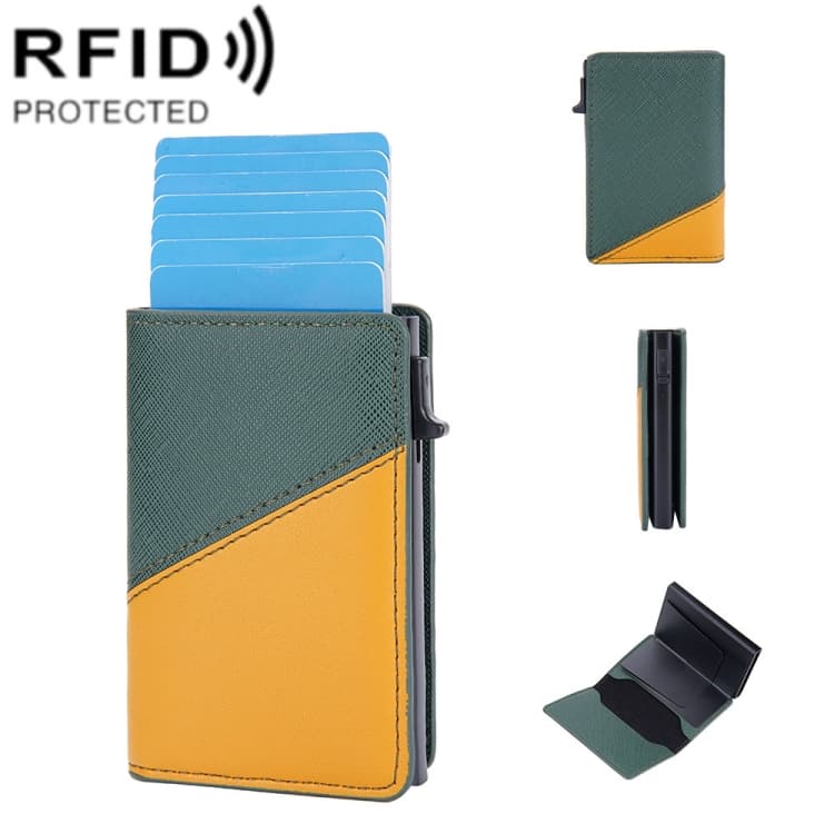 Baellerry RFID Anti-theft Aluminum Box Leather Wallet Side Push Contrasting Antimagnetic Card Holder(Green) - Immagine 1