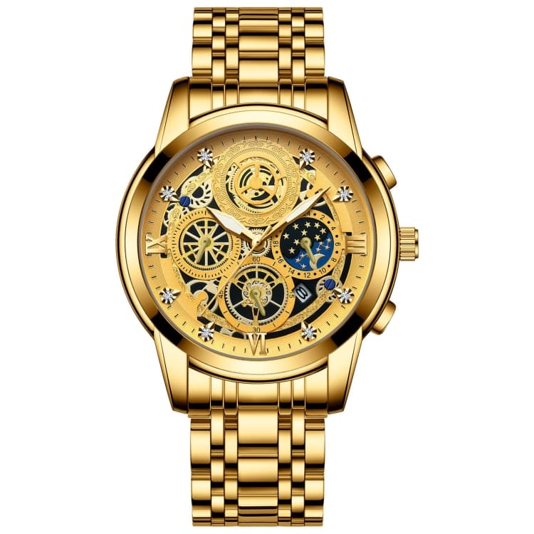 BINBOND 4010 Orologio al quarzo multifunzionale impermeabile con scheletro luminoso (Superficie oro pieno oro) - Immagine 1