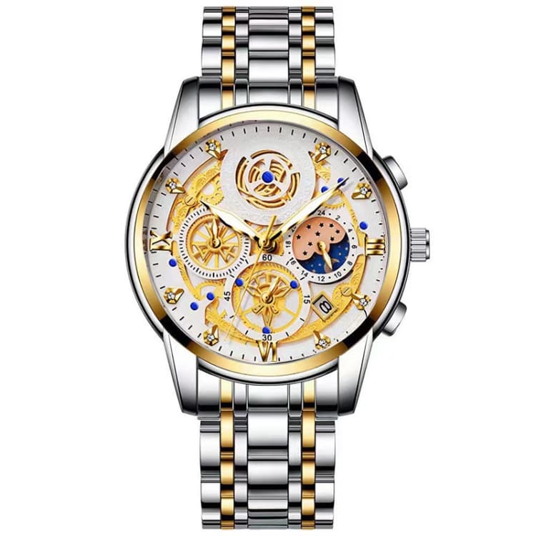 BINBOND 4010 Orologio al quarzo multifunzionale impermeabile con quadrante luminoso forato (superficie bianca inter-oro) - Immagine 1