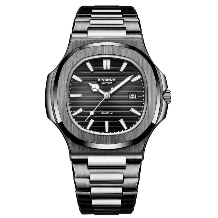 BINBOND B1885 Orologio da uomo al quarzo retrò luminoso impermeabile 30m, quadrato, colore: acciaio nero-nero-bianco - Immagine 1