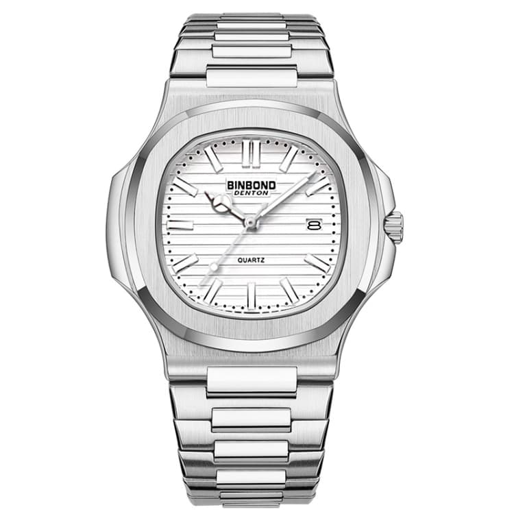 BINBOND B1885 Orologio da polso al quarzo quadrato retrò luminoso impermeabile 30m, Colore: Bianco Acciaio-Bianco - Immagine 1