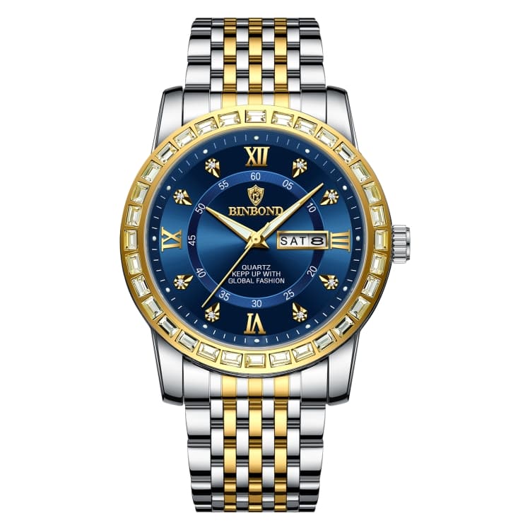 BINBOND B2202 Orologio al quarzo luminoso con doppio calendario e diamanti, Colore: Inter-oro-Blu - Immagine 1