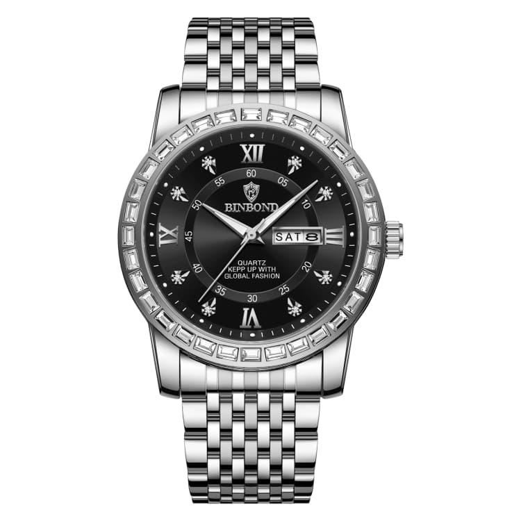 BINBOND B2202 Orologio al quarzo luminoso con doppio calendario, Colore: Bianco acciaio-Nero - Immagine 1