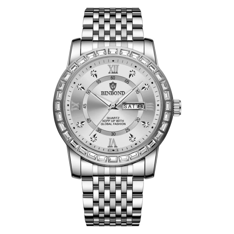 BINBOND B2202 Orologio al quarzo luminoso con doppio calendario, Colore: Bianco acciaio-bianco - Immagine 1