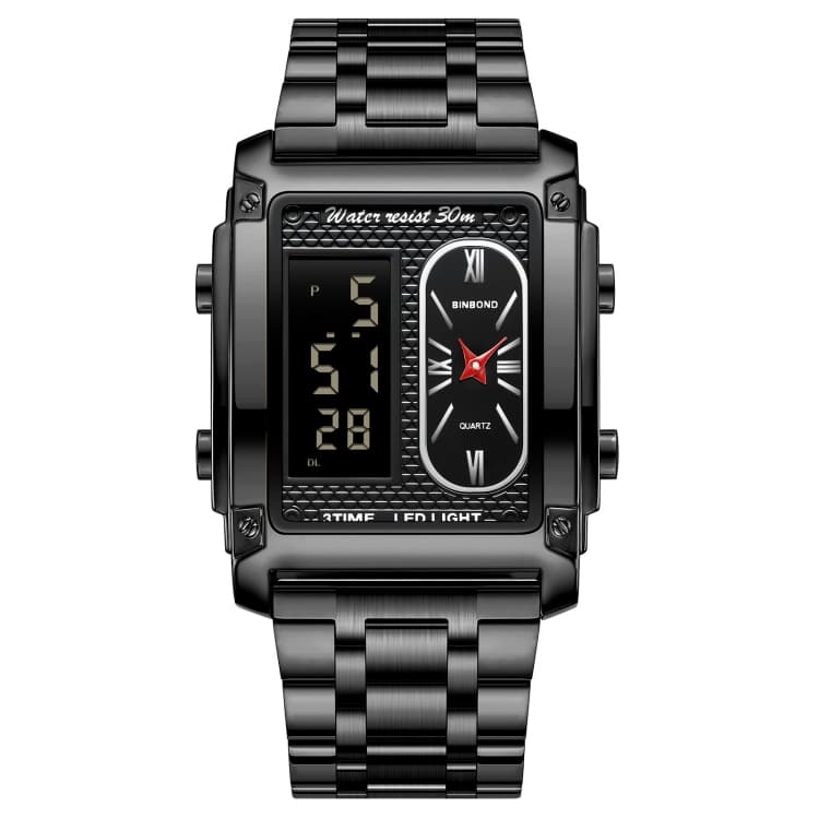 BINBOND B2311 Orologio da uomo al quarzo multifunzionale LED luminoso impermeabile 30m, Colore: Acciaio nero-Nero - Immagine 1