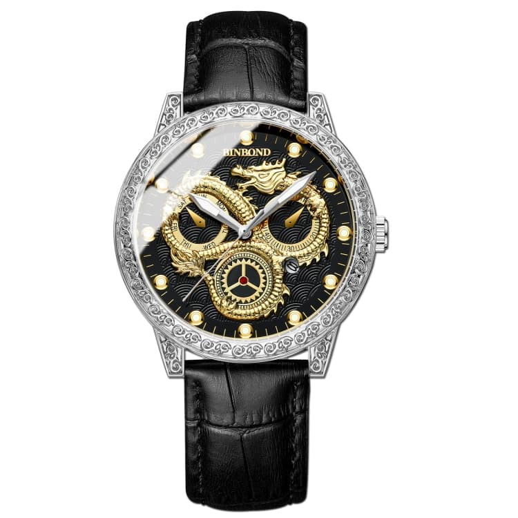 BINBOND B3030 Orologio al quarzo impermeabile luminoso con drago in rilievo, Colore: Pelle nera-Acciaio bianco-Nero - Immagine 1