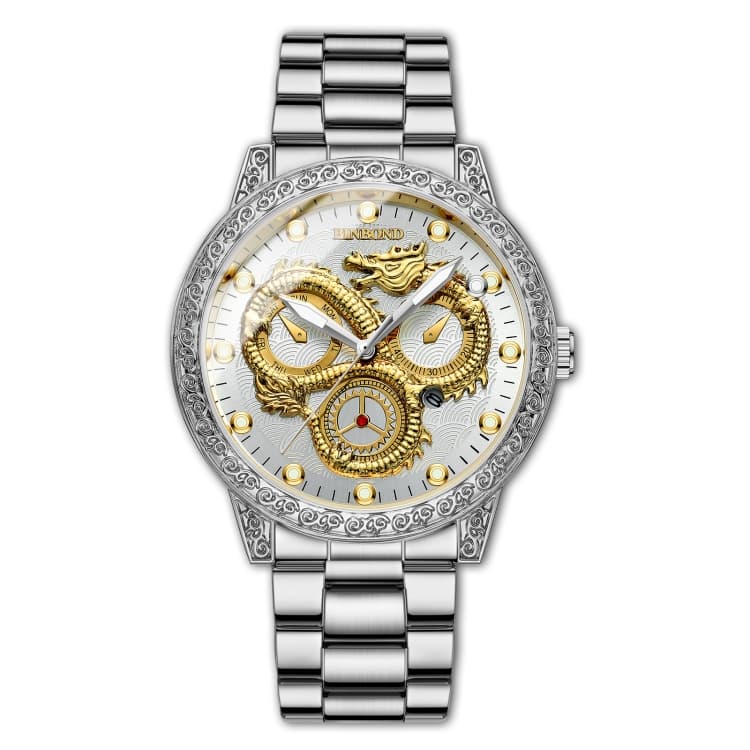 BINBOND B3030 Orologio al quarzo impermeabile luminoso con drago in rilievo, Colore: Bianco acciaio-bianco - Immagine 1