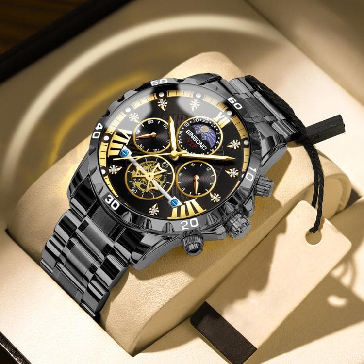 BINBOND B3103 30M Impermeabile Volano Luminoso Orologio al quarzo, Colore: Acciaio Nero Nero-Oro Chiodo - Immagine 1