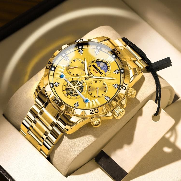 BINBOND B3103 30M Impermeabile Volano Luminoso Orologio al quarzo, Colore: Oro pieno-Superficie oro - Immagine 1