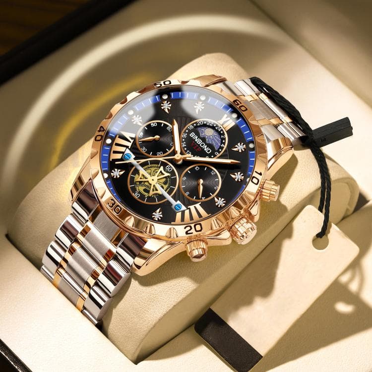 BINBOND B3103 30M Impermeabile Volano Luminoso Orologio al Quarzo, Colore: Inter-Rose Gold Black Blue - Immagine 1