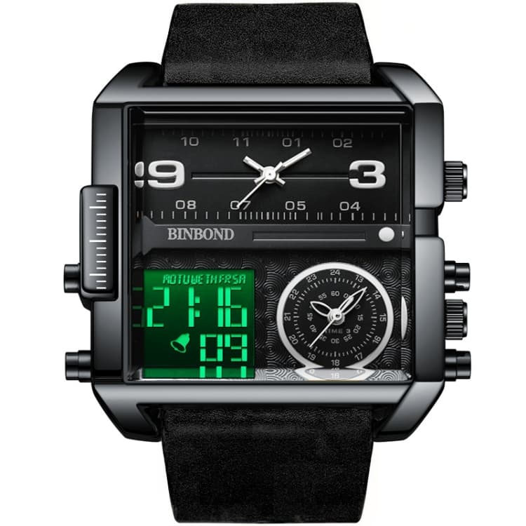 BINBOND B3332 Orologio sportivo multifunzionale al quarzo impermeabile quadrato (Pelle nera-Nero-Nero-Bianco) - Immagine 1