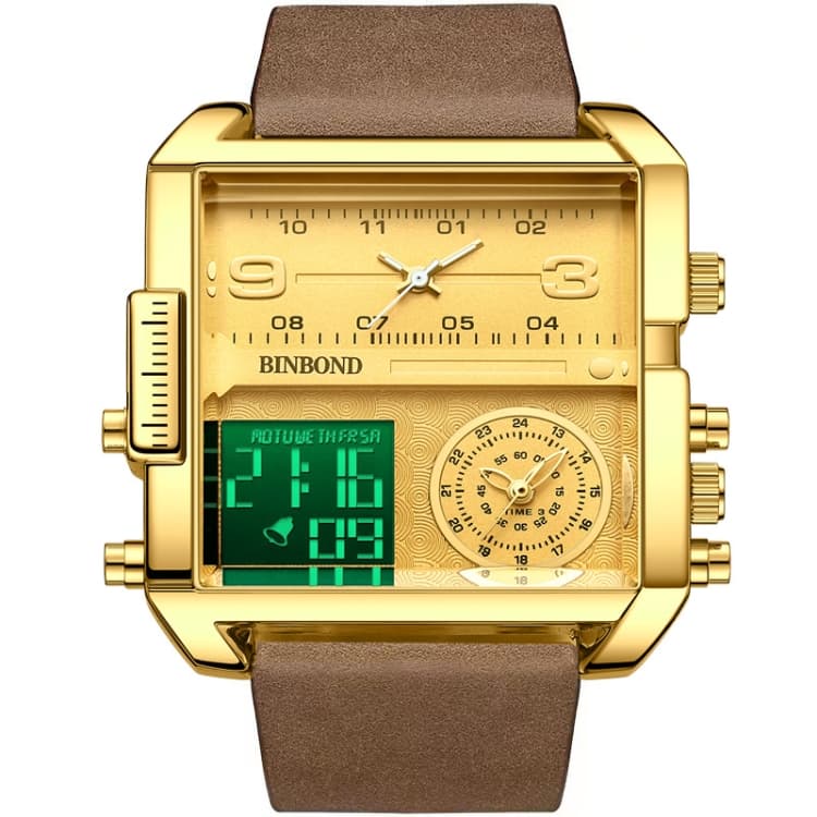 BINBOND B3332 Orologio sportivo multifunzionale al quarzo impermeabile quadrato (pelle marrone - oro pieno - oro) - Immagine 1