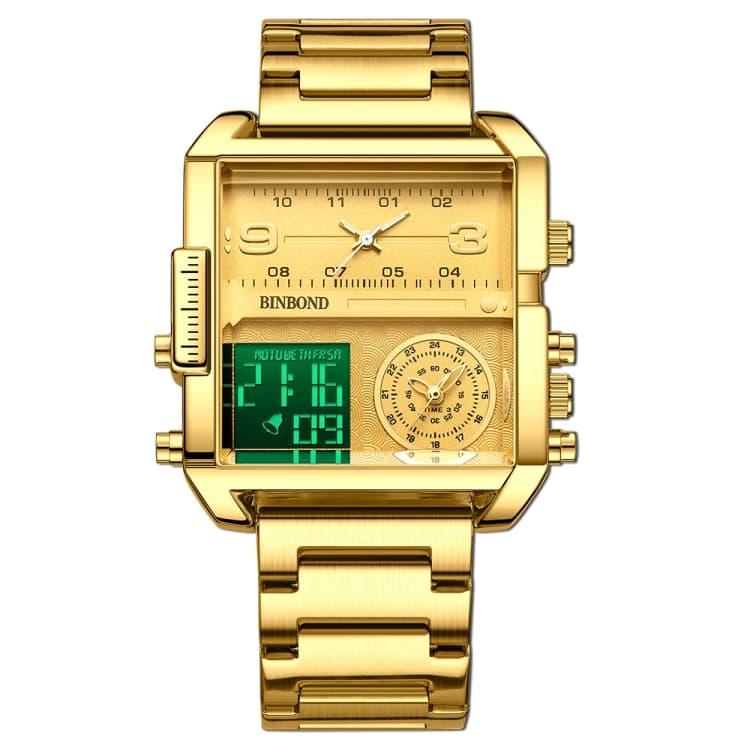 BINBOND B3332 Orologio sportivo multifunzionale al quarzo impermeabile quadrato (Oro pieno-Oro) - Immagine 1