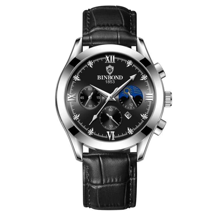 BINBOND B3591 Orologio da uomo impermeabile 30m con calendario luminoso, Colore: Pelle nera-Bianco-Nero - Immagine 1